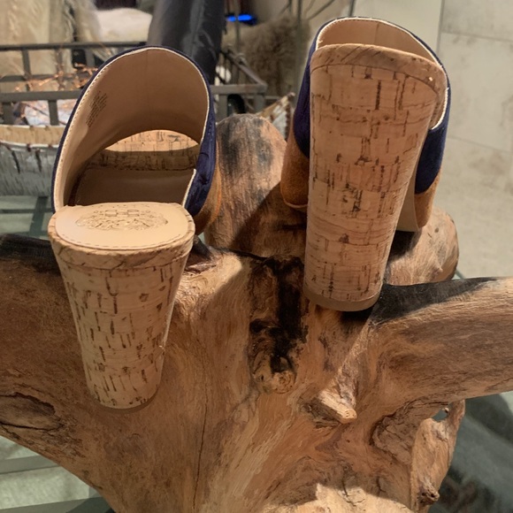 New Vince Camuto Vella Color Block Leather Slide Mule Cork Heel Slip On Peep Toe - Picture 2 of 8